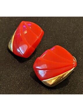 Vintage MONET Red And Gold Scalloped Molded Pierced Earrings Signed 1" EUC